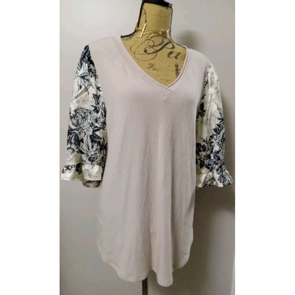 Ces Femme Women Woven Beige With Satin Like Floral Sleeves Size Large